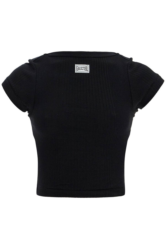 JEAN PAUL GAULTIER black cropped cotton ribbed t-shirt with logo