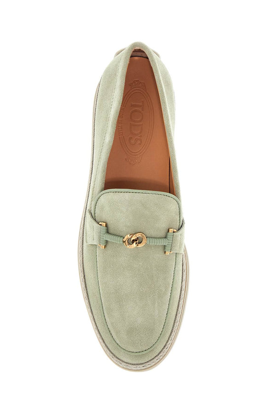 Tod'S oil green calfskin loafers with leather sole and gold detail